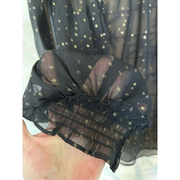 LOFT Black Sheer Metallic Dot Smocked Ruffle Blouse NWT Women’s M - Picture 2 of 9